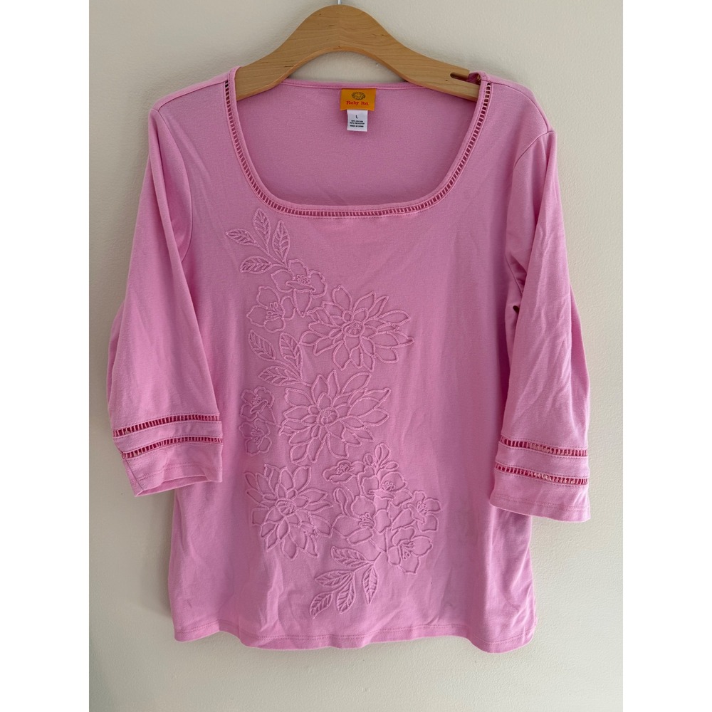 Ruby Rd Womens Pink Floral Embroidered Square Neck 3/4 Sleeve Top Large